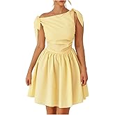 MakeMeChic Women's Asymmetrical Neck Dress Knot Ruched Sleeveless A Line Shirred Mini Dresses