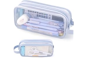 ANGOOBABY Large Grid Mesh Pencil Case 2 Compartment Pen Bag Clear Handheld Multifunction Pencil Pouch Transparent Makeup Bag for Teen Student College Business Travel Office Adult - Blue