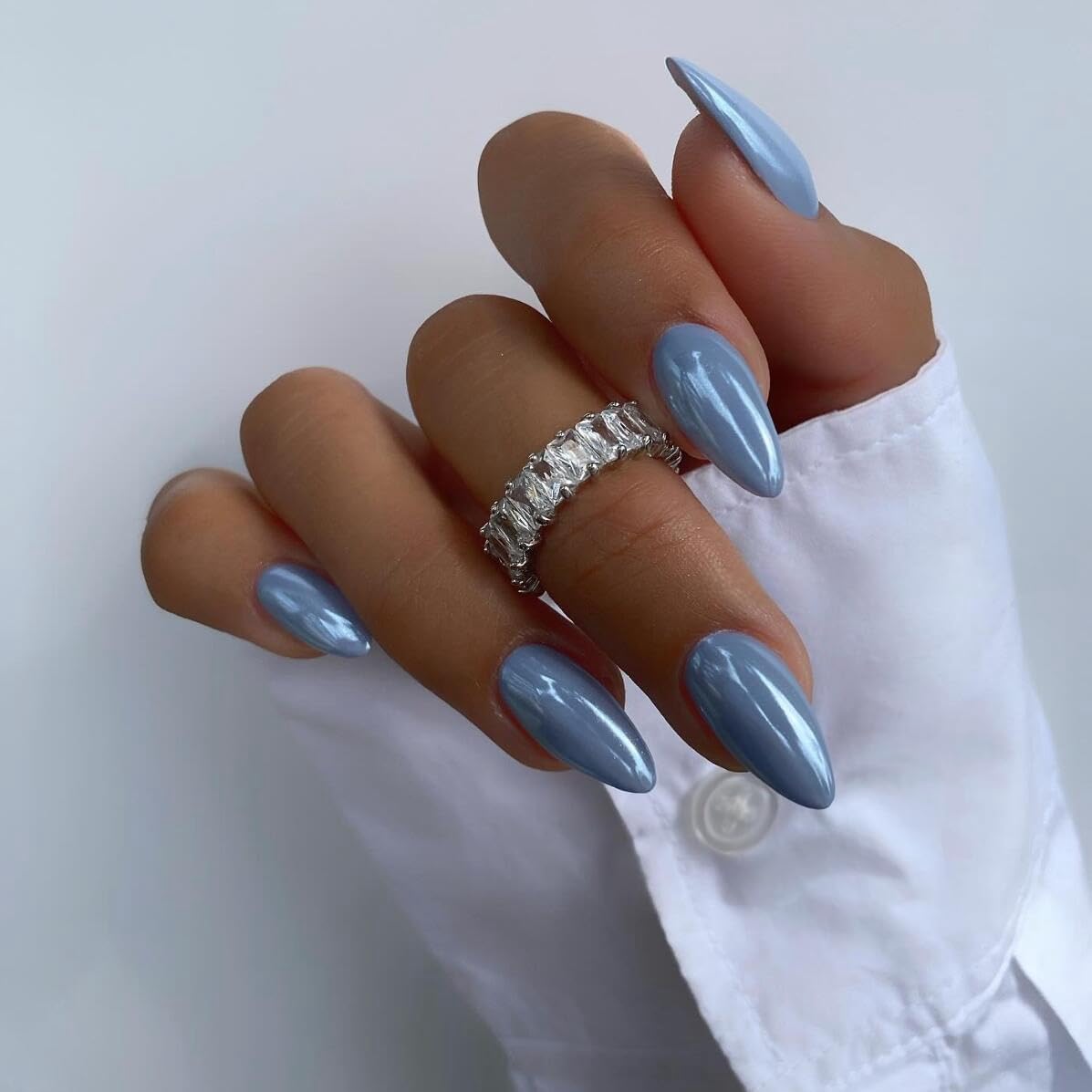 Baby Blue Press On Nails Almond - KQueenest Chrome Press On Nails Medium, Sparkle Fake Nails Press on Mirror Shine, Glazed Glue on Nails Medium Stiletto, Reusable Stick On Nails for Women