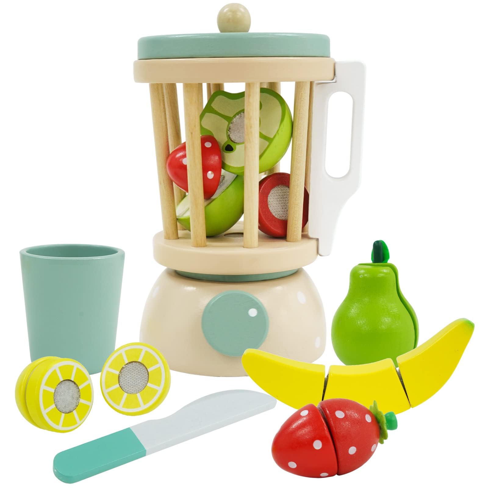 Wooden Blender Toy, Pretend Play Kitchen Accessories Juicer and Smoothie Maker include Cutting Fruits and Vegetables