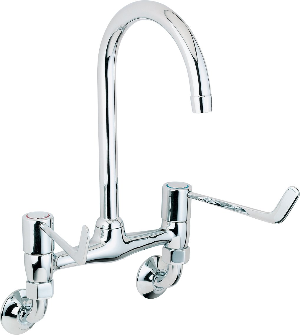 Deva Wall Mounted Bridge Kitchen Sink Tap in Chrome with 6" Long Large Lever Action Handles Silver Space Saving Mixer Dual Basin Swivel Spout Taps - 12 Year Warranty
