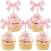 24Pcs Pink Bow Cupcake Toppers Pink Bow Birthday Decorations for Coquette Bridal Baby Shower Wedding Themed Party Decorations