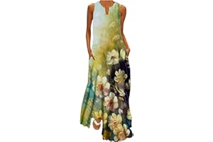 HUNENY Summer V Neck Pockets Sleeveless Floor Length Dresses for Women Maxi Casual Loose Printed Tank Dress for Women