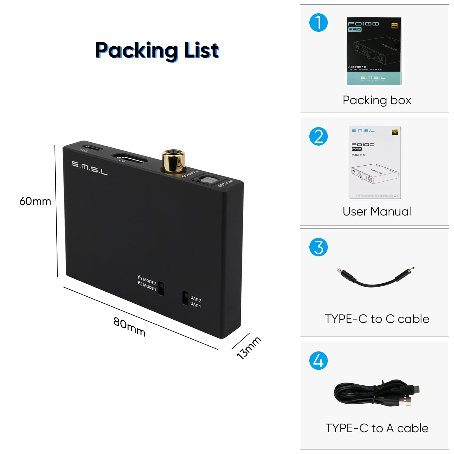 SMSL PO100 PRO MQA DDC XMOS XU316 Digital to Analog Audio Converter Type-C USB Input IIS/Optical/Coaxial Output Mini Portable USB Interface for Phone/PS5/Switch/TV