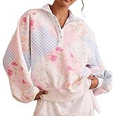 Women Oversized Floral Patchwork Sweatshirt Y2k Button Balloon Sleeve Pullover Top Aesthetic Going Out Sweatshirts