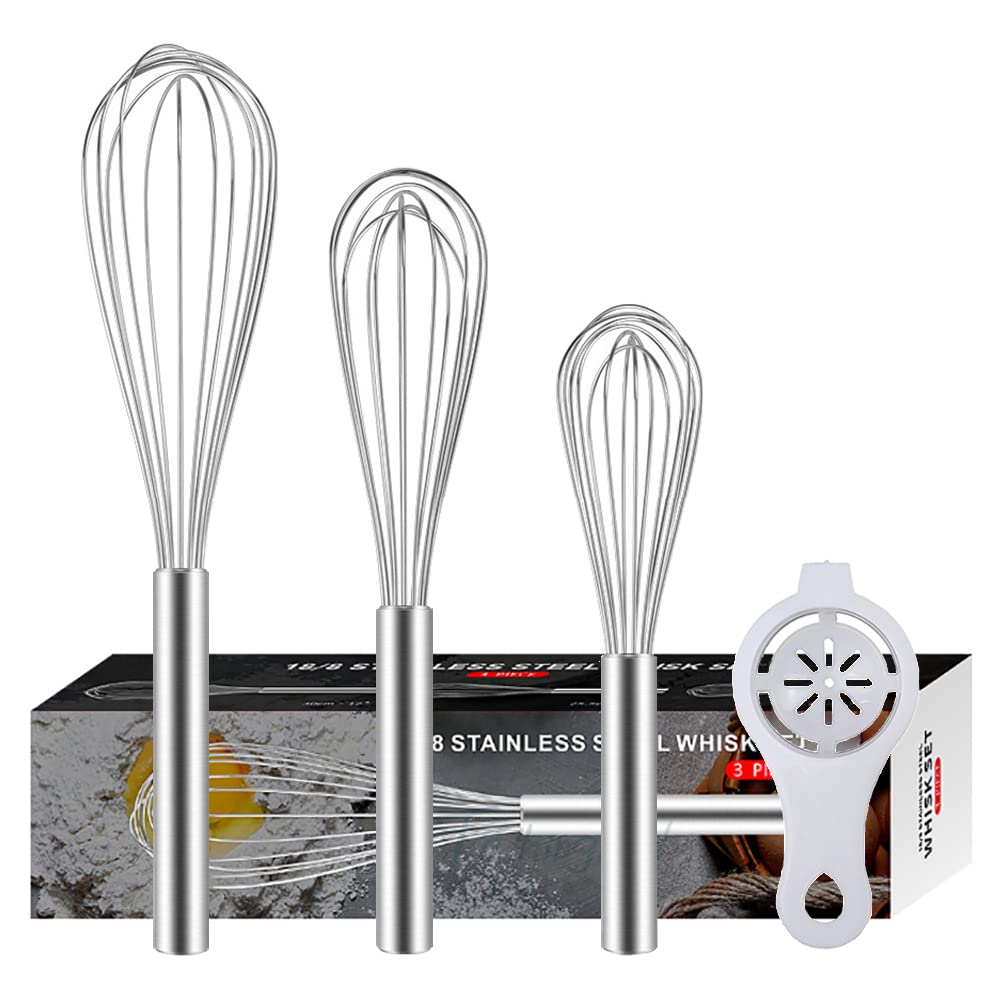 3 Pack Stainless Steel Whisks 8"+10"+12", Wire Egg Beater Whisk Set Kitchen Balloon whisks Set for Cooking, Blending, Whisking, Beating, Stirring