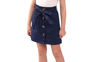 GORLYA Girls Paper Bag Elastic Waist Button Trim Front Belted Skirts with Pockets 4-14T