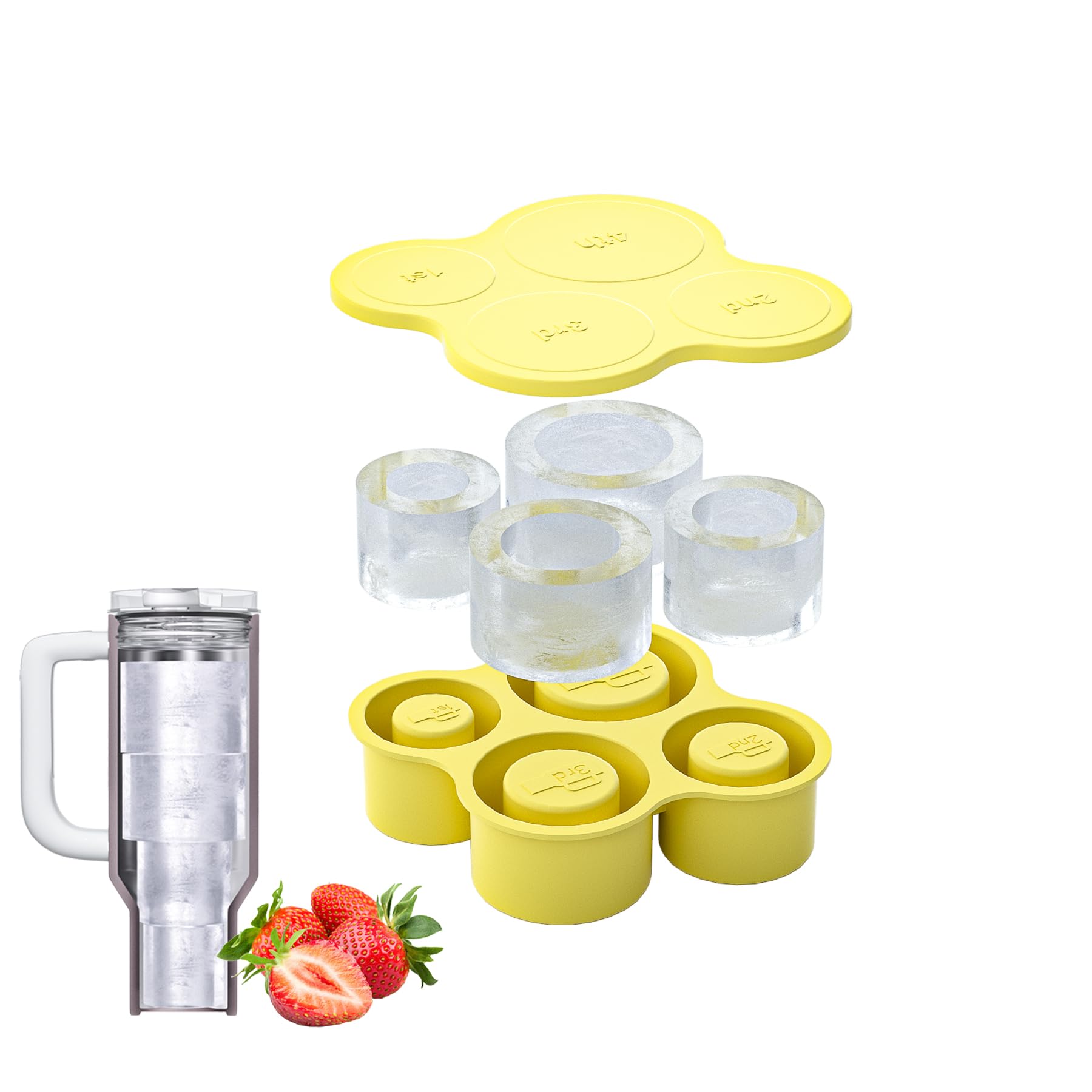 Silicone Ice Cube Tray for Stanley Cup 20-40oz,Tumbler Ice Mold with lid, 4PCS Hollow Cylinder Ice Cube for Freezer Chilling Cocktails, Whiskey, Drinks, Coffee, Easy Fill and Release (Yellow)