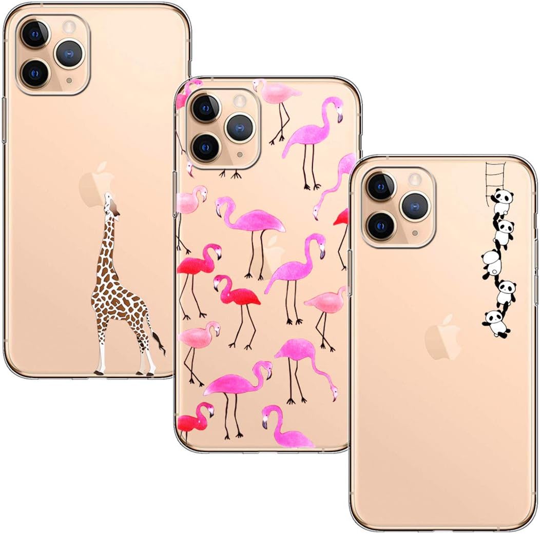 BAOWEI [3 Pack] for iPhone 11 Pro Max Case, Ultra Thin Crystal Clear Soft TPU Silicone Case with Stylish Cute Pattern Protective Phone Case Cover for iPhone 11 Pro Max - Giraffes, Flamingo & Panda