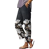 Women's Straight Leg Pants Boho Oil Painting Floral Print Trousers Casual Drawstring High Waist Summer Palazzo Pants