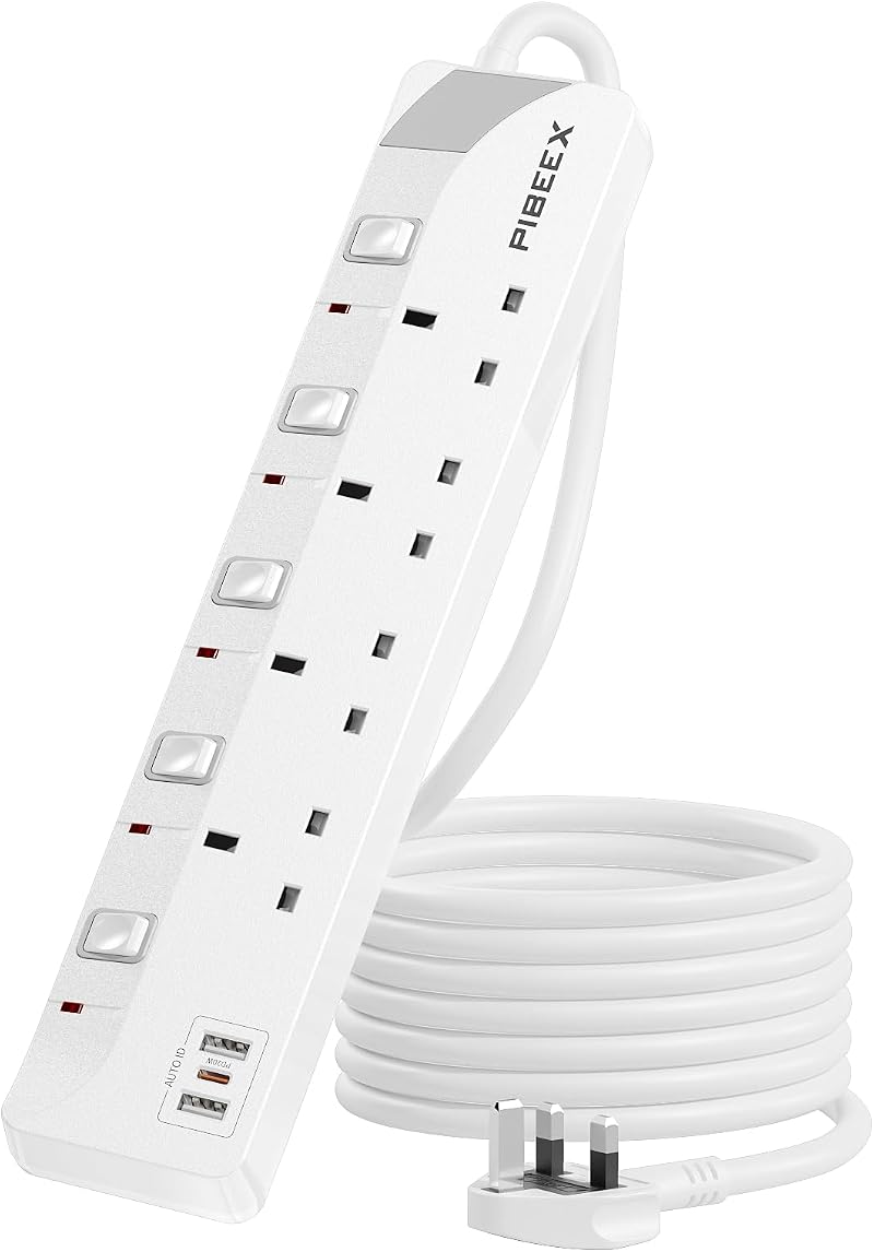 PIBEEX 4 Way Extension Lead USB C 20W PD UK 3 USB Ports 13A 3M