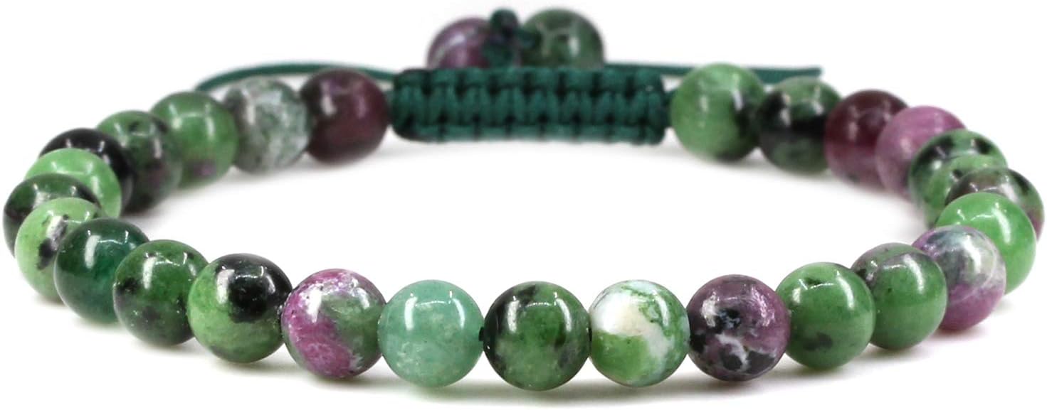 Natural Ruby in Zoisite Crystal Gemstone 6mm Round Beads Adjustable Braided Macrame Tassels Chakra Reiki Bracelet