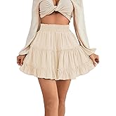 LYANER Women's Elastic Waist Pleated Layer Ruffle Hem Flowy A Line Short Skirt