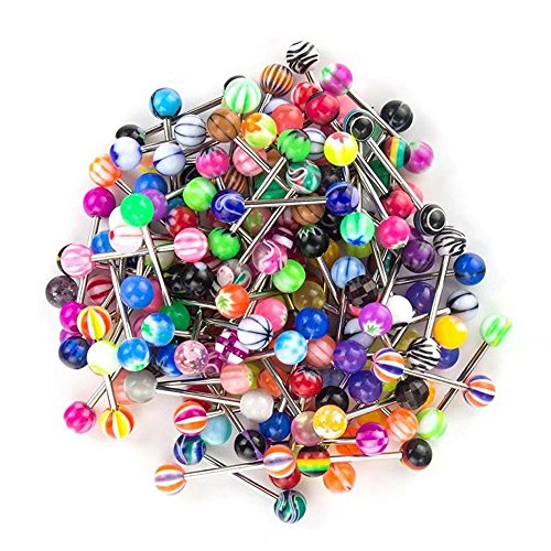 KingFurt 100PC 14G Mixed Tongue Rings Barbells Body Piercing Jewelry Lot
