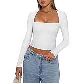 REORIA Women's Basic Sexy Square Neck Long Sleeve Y2K Going Out T Shirt Crop Top