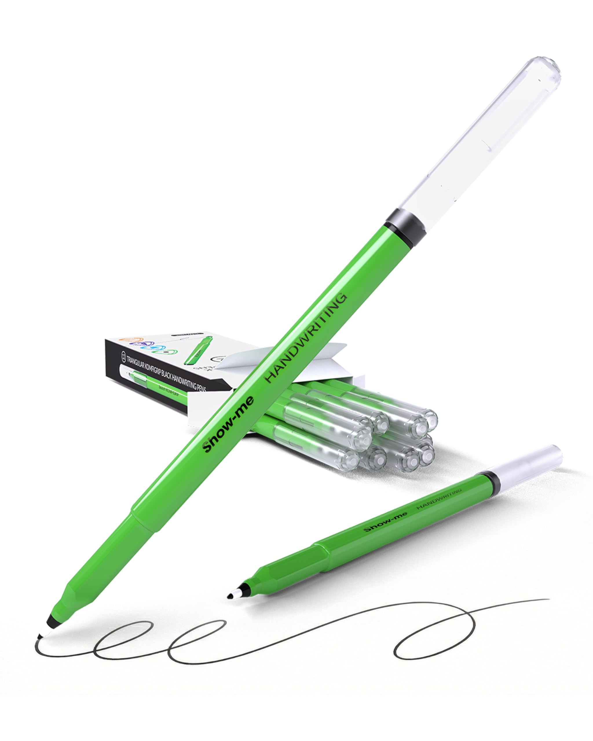 Show-me - Komfigrip Handwriting Pens in Black | Sculpted Triangular Grip for Calligraphy, Writing & Journaling | 14-Day Cap-off Anti-Dry Protection | Washable, Quick-Dry Ink Limits Smudges, Pack of 12