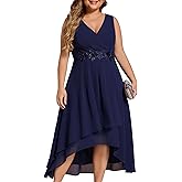 Ever-Pretty Plus Women's V Neck Applique Chiffon Pleated Sleeveless Midi Plus Size Cocktail Party Dresses
