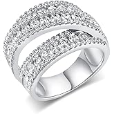MDFUN Halo Eternity Rings Wedding Bands, 3 Rows Round Cut Cubic Zirconia Statement Rings, 18K White Gold/Yellow Gold Plated Wedding Band for Women Size 5-10