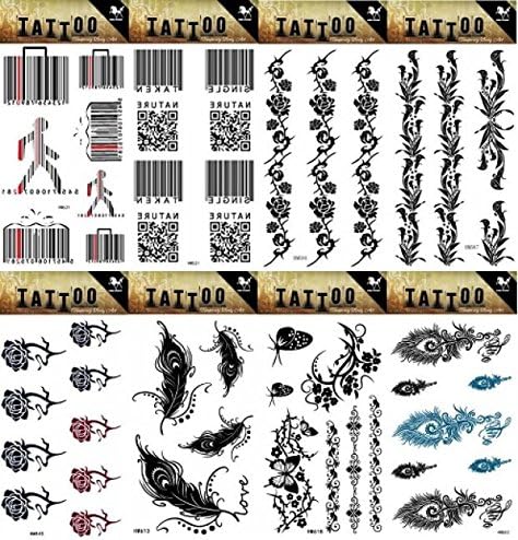 Wonbeauty 8pcs different Fake and real temp tattoo stickers in a package, it including black feather,butterflies,flowers,roses,barcode tattoo stickers