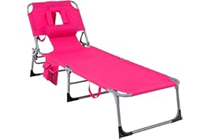 GYMAX Tanning Chair, Folding Beach Lounger with Face Arm Hole, Adjustable Backrest, Side Pocket, Pillow & Carry Handle, Outside Sunbathing Lounge Chair for Patio, Poolside, Lawn (1, Pink)