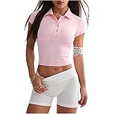 OYOANGLE Women's Short Sleeve Half Button Tshirts Crop Tops Workout Athletic Gym Tees