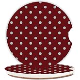 2 Pcs Cute Red Gray Polka Dots Ceramic Car Coasters for Cup Holders | Absorbent car cup holder coaster set with finger notch aesthetic interior accessories for women girls vehicle