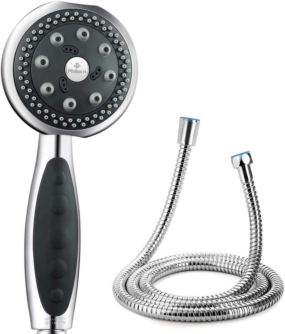 Philorn High Pressure Handheld Shower Head Luxury 5 setting Showerhead with Drip Mode Long Hose and 4" Chrome Face Massage Spa Water Saving Bathroom Accessories for the Ultimate Shower Experience
