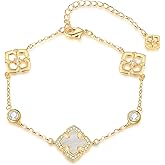 18K Gold Plated Clover Bracelets for Women, Four-Leaf Clover Bracelet with Sparkling Cubic Zirconia, Gold Charm Bracelet Lucky Link Dainty Jewelry, Trendy Unique Gifts for Women, GF, Mother, Wife, Her