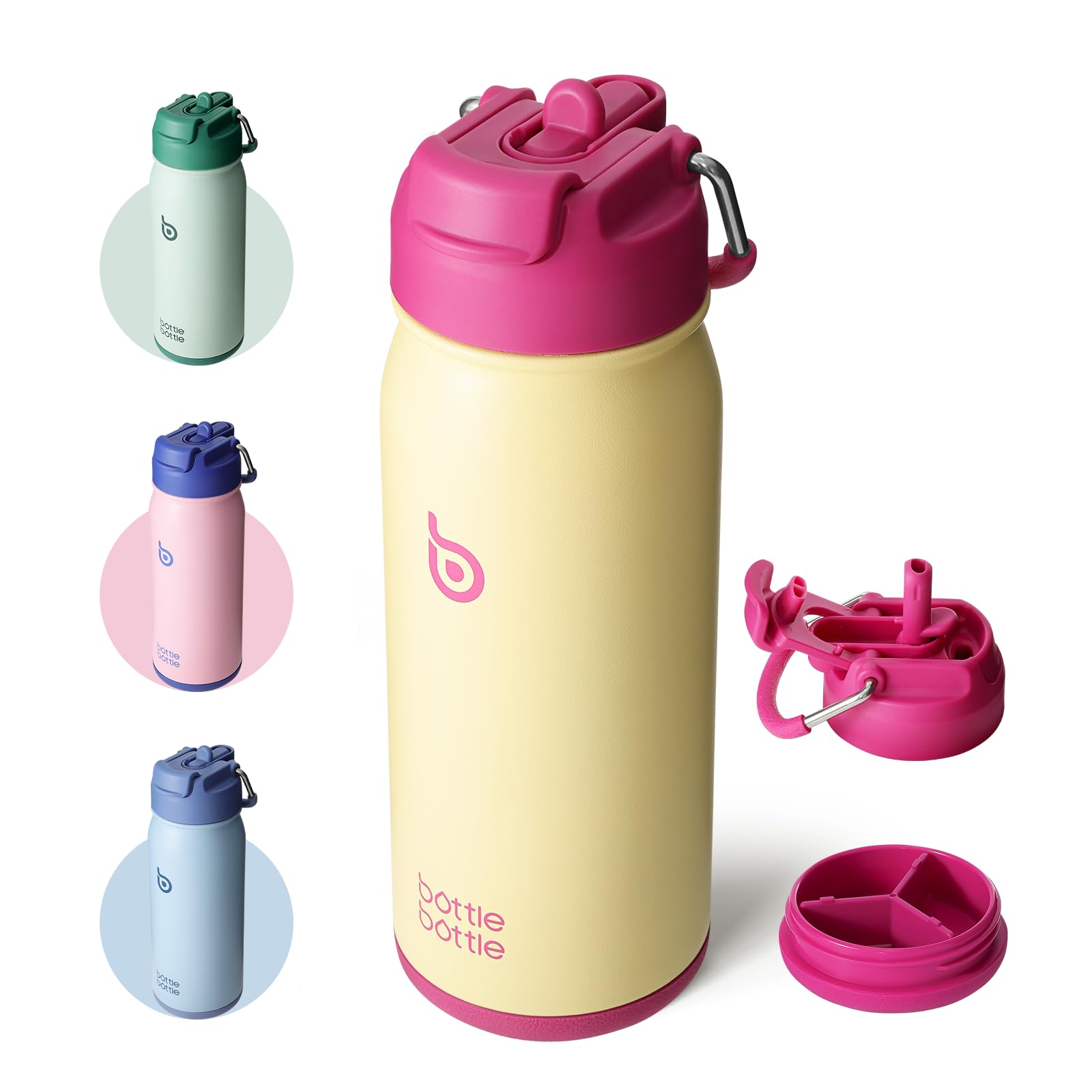 BOTTLE BOTTLE Stainless Steel Kids Water Bottle 16oz(470ml) Insulated Sports Water Bottle with Straw and Pills Holder for Gifts and School（Milkshake Yellow）