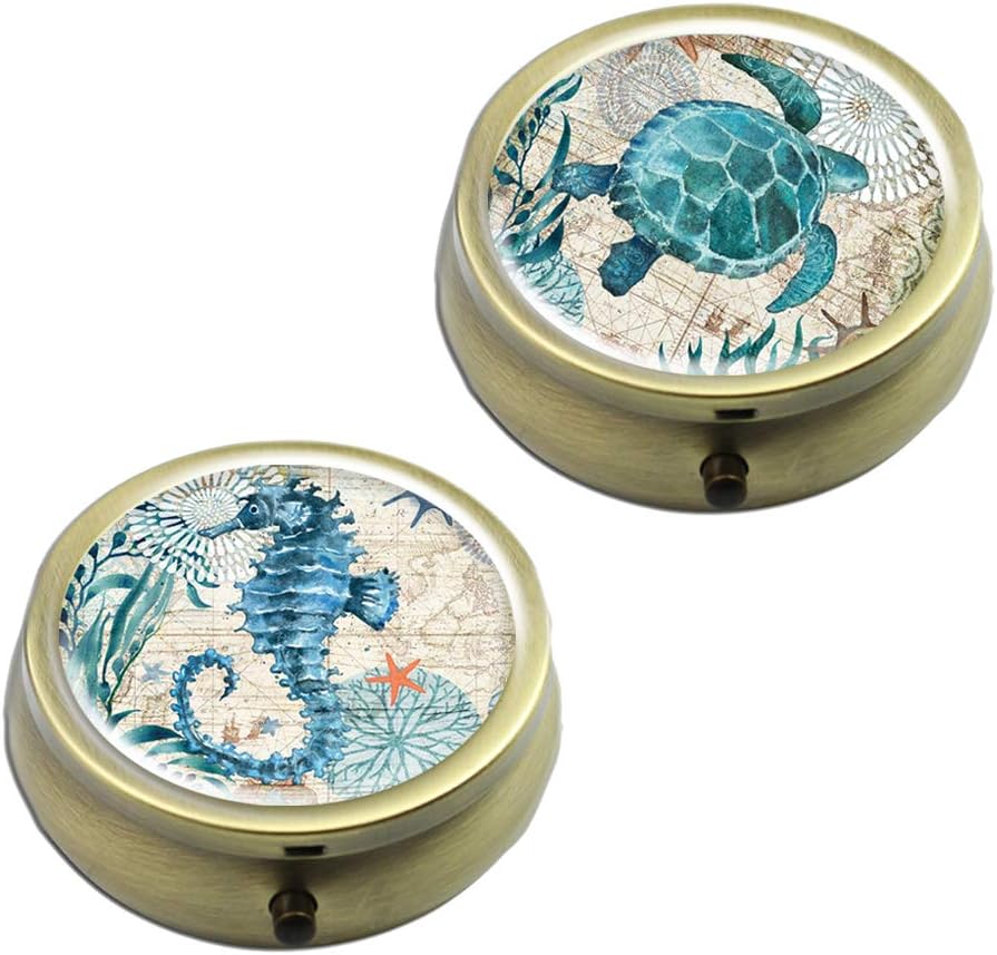 Pill Cases Set of 2 - Cheliz Compact 3 Compartment Medicine Case, Pill Box for Pocket or Purse(2-Marine Animal2)