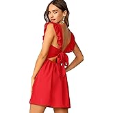 OYOANGLE Women's Tie Back Square Neck Ruffle Strap Sleeveless A Line Flare Flowy Lightweight Summer Short Dress