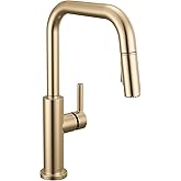 Delta Nicoli Brushed Gold U-Spout Kitchen Faucet with Pull Down Sprayer, Modern Single Hole Kitchen Sink Faucet, Single Handle, Champagne Bronze 19868LF-CZ
