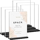 Acrylic Sign Holder 5x7, 6 Pack Double Sided Clear Display Stand with Black Base, T-Shape Table Number Holders, Plastic Picture Frames, Flyer Menu Brochure Sign Holder for Office, Show Fair, Restaurants