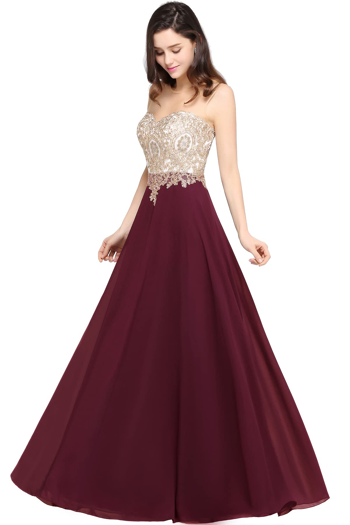 Photo 1 of BABYONLINE D.R.E.S.S. Women's Elegant Prom Dress,Chiffon Summer Dress A line Lace Sequin Round Neck Appliques Maxi Formal Dress Burgundy M