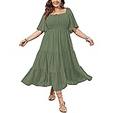 SCOMCHIC Women's Plus Size Flowy Maxi Dress Flutter Short Sleeve Boho Dress Square Neck Smocked Formal Dresses for Women
