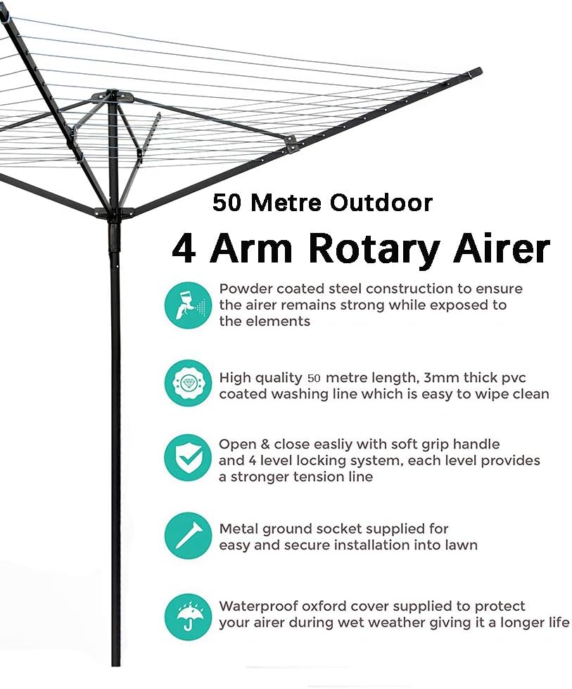 Abaseen 50M Clothes Airer Rotary Washing Line Outdoor Indoor, Grey 50m - Image 5