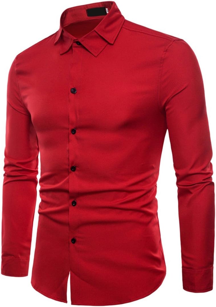 Paixpays Camisa de Vestir de algodón para Hombre, de Manga Larga, Ajustada, con Botones, Rojo