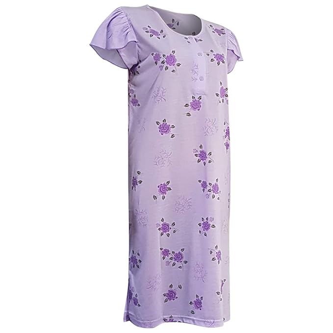 Lavazio Damen Nachthemd Kurzarm mit Knopleiste Knielang mit Rosenmotiv in 8 Qualität, Farbe:violett, Größe:XL