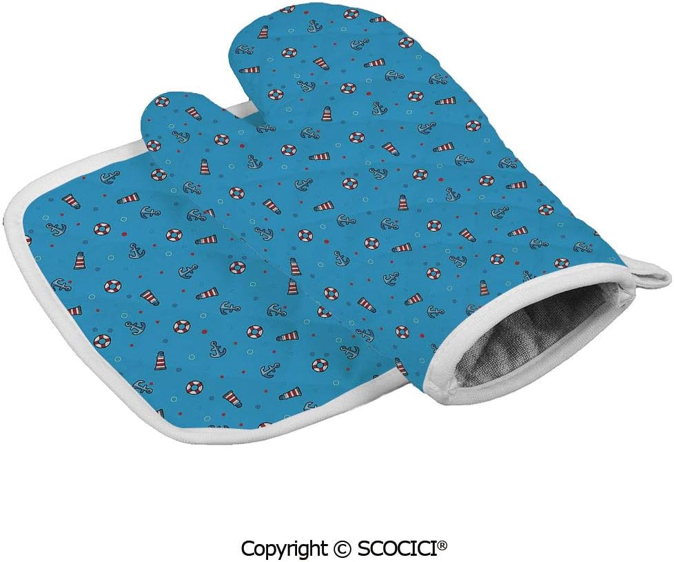SCOCICI Baking Anti-Hot Glove Polka Dotted Background Life Buoys ed Abstract Marine Vintage Oven Microwave Mitts Pot with Square Mat