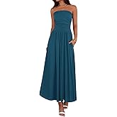 BTFBM Summer Maxi Dresses for Women 2026 Strapless Ruched Tube Top Beach Vacation Spring Wedding Guest Dress Pockets