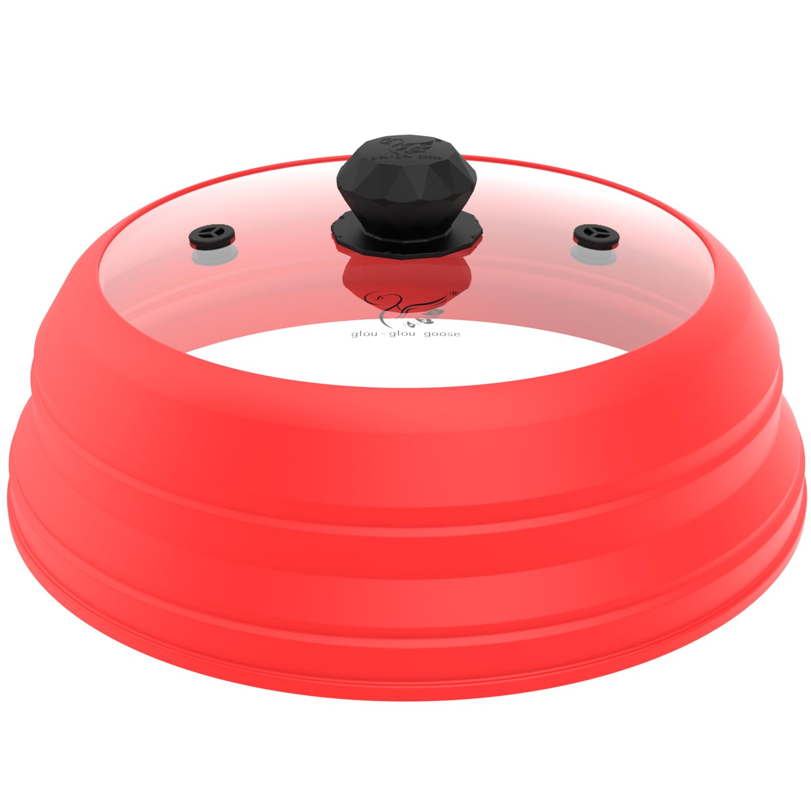 Photo 1 of Microwave Splatter Cover Vented Glass Cover Splatter Guard Lid with Collapsible Silicone for Food as Pot Cover 11.8 inch Large Plate Cover for 6 7 8 9 10 11 inch Plate Bowl Red