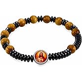 Rosary Bracelet Olive Wood and Hematite Beads Sacred Heart of Jesus Medallion for Men and Women