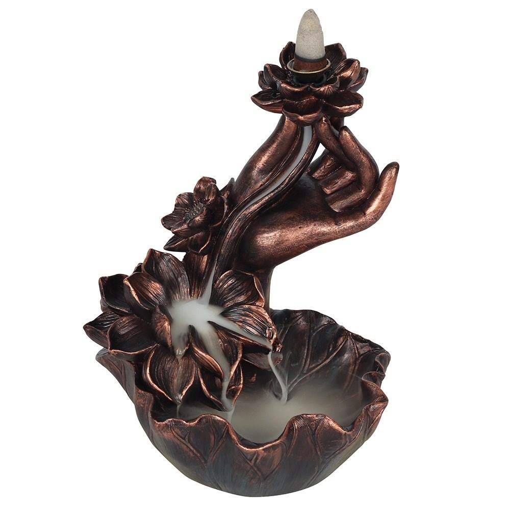 Bronze Effect Resin Hand with Flower Backflow Incense Burner - 17.5cm x 14cm (1 Pc.) - Unique & Eye-Catching Design - Enhance Relaxation & Meditation - Ideal for Artistic Home Decor