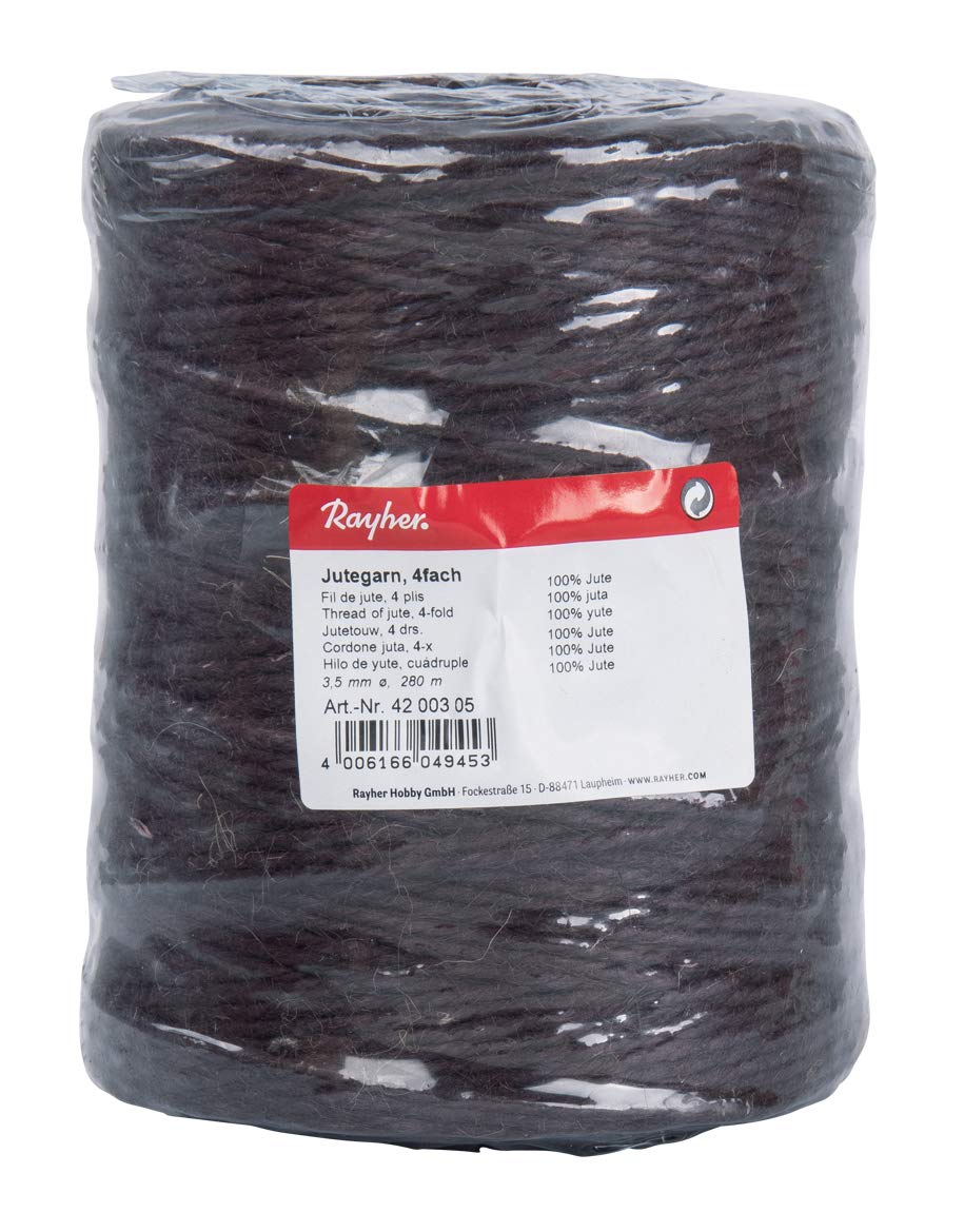 Rayher 4200305 Jute Twine 3Ply, Jute String for Craft, Floristry and Decorations, Diameter 3.5 mm, Length 280 m, dark brown