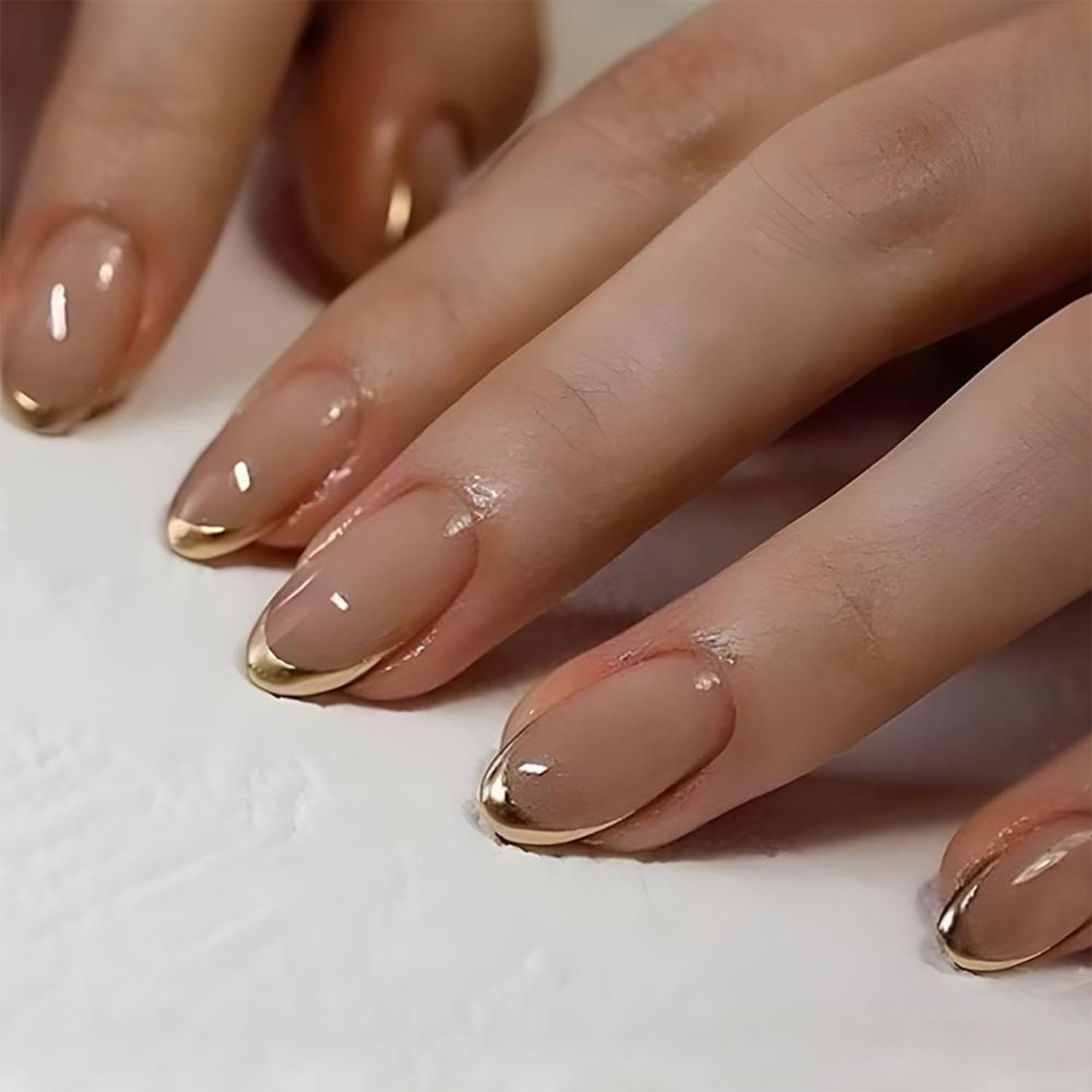 JUSTOTRY 24 Pcs Gold Almond Short False Nails Pattern,Nude Press on Nails,Glossy Fake Nails Medium for Nail Art,French Oval Stick on Nail for Women Gifts