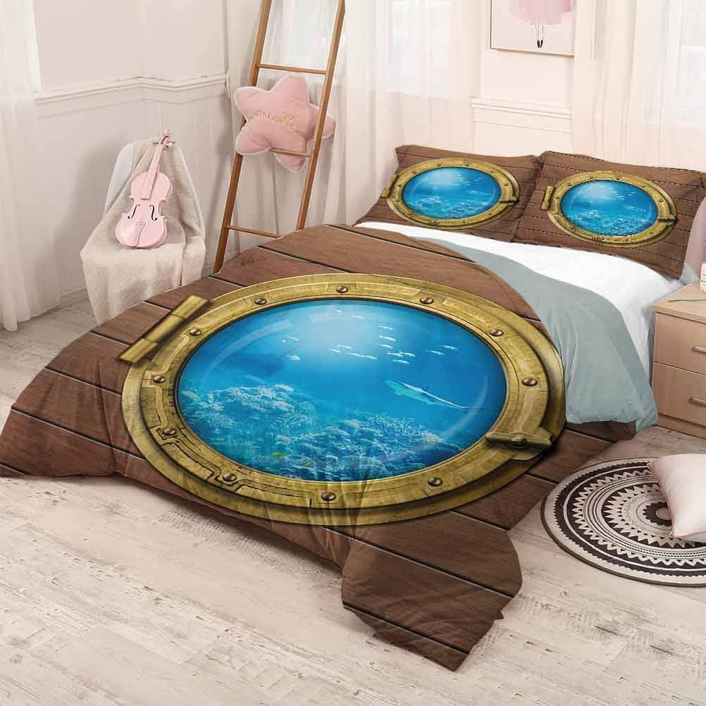 HELLOLEON Shark Extra Large Quilt Cover Submarine Chamber Window with A View of Coral Reef Swimming Fishes Print Can be Used as a Quilt Cover-Lightweight (Full) Pale Caramel Blue Gold