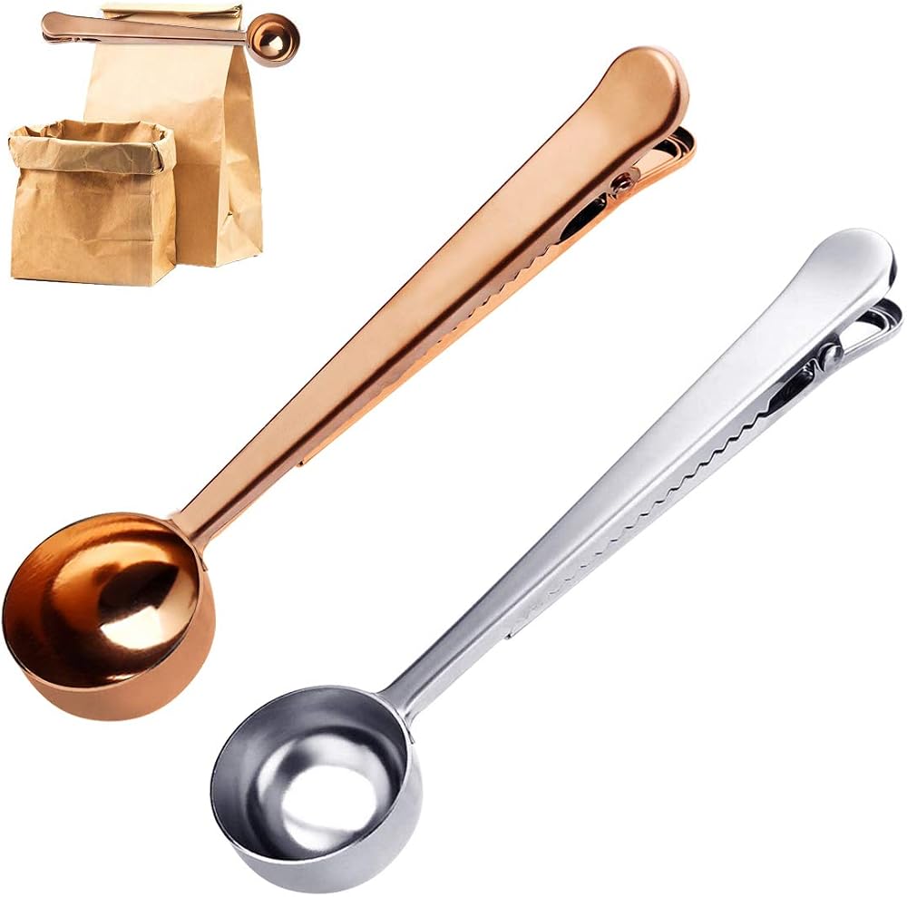 Kuou 2Pcs Coffee Scoop with Clip Stainless Steel Ground Coffee Sealer Silver