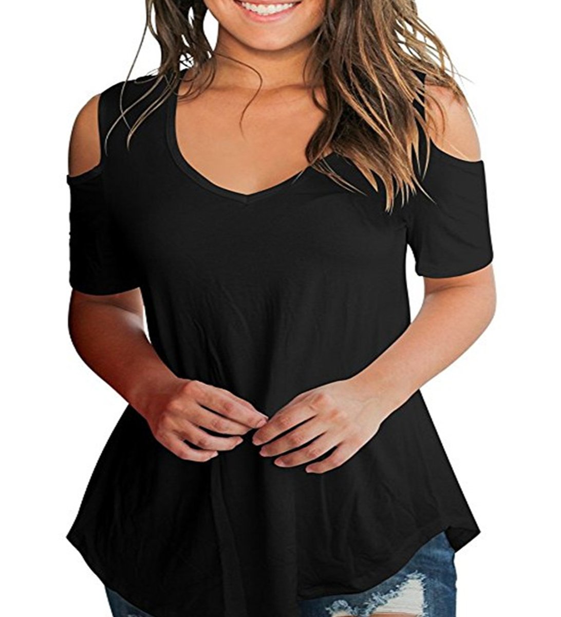 FELACIA Women\'s Casual T Shirt V Neck Cold Shoulder Tops Short Sleeve Tshirt