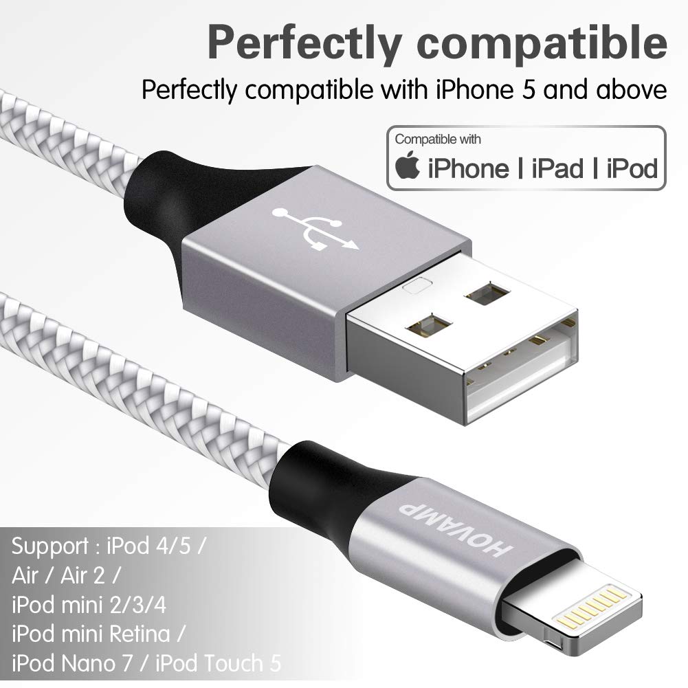HOVAMP iPhone Charger, MFi Certified Lightning Cable 5 Pack (3/3/6/6/10FT) Nylon Woven with Metal Connector Compatible iPhone 11/Pro/Xs Max/X/8/7/Plus/6S/6/SE/5S iPad - Silver&White: Industrial & Scientific