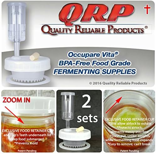 2 QRP No Messy Overflow No Weights Needed Mold-Proof Mason Jar Fermentation Kits with Exclusive Food Retainer Cups keep food submerged in brine (1 REGULAR MOUTH &amp; 1 WIDE MOUTH)